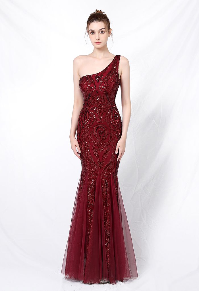 Robe en tulle à sequins et treillis floral à une épaule en bordeaux