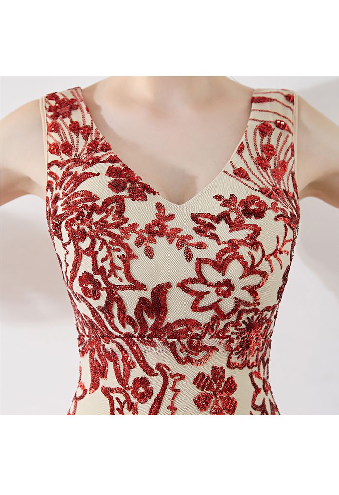 Robe Sirène en Maille à Paillettes Floral Vine en Rouge