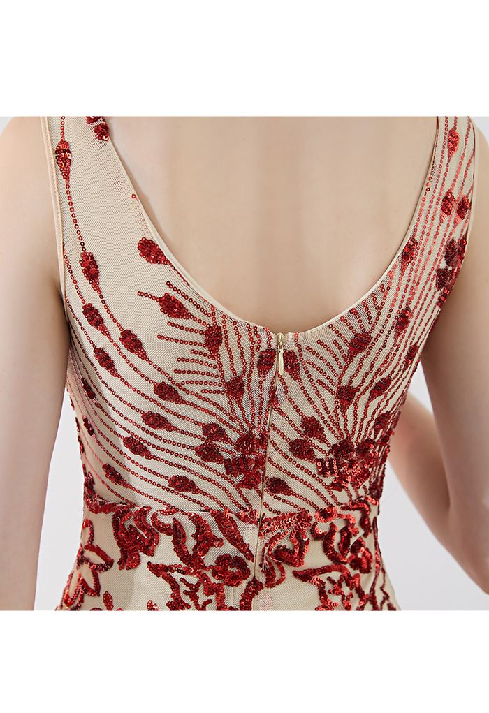 Robe Sirène en Maille à Paillettes Floral Vine en Rouge