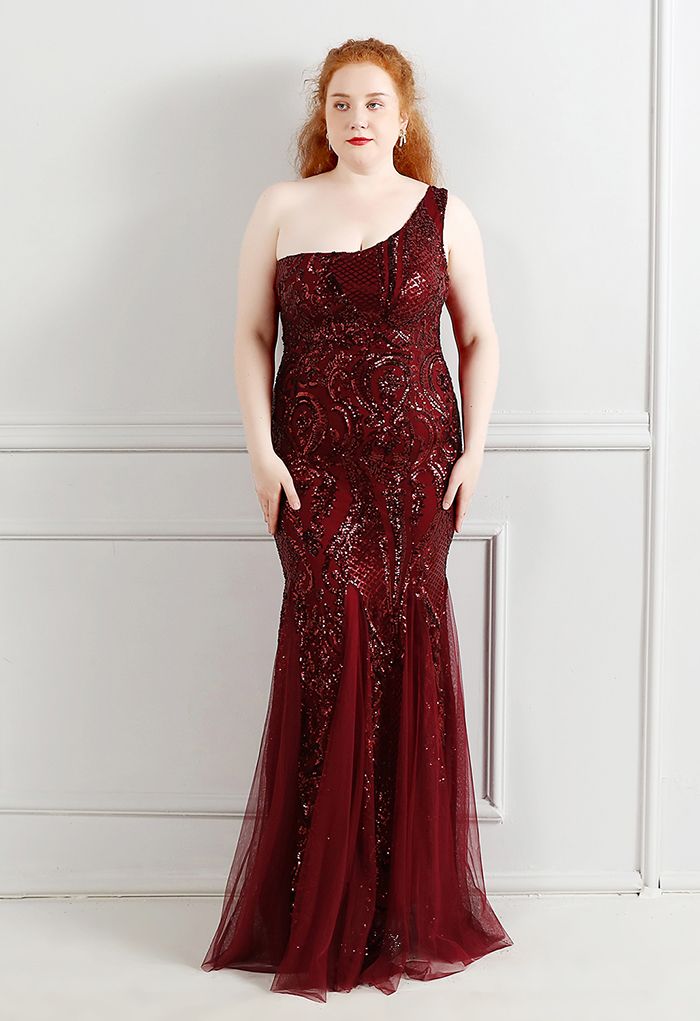 Robe en tulle à sequins et treillis floral à une épaule en bordeaux