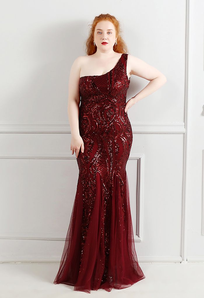 Robe en tulle à sequins et treillis floral à une épaule en bordeaux