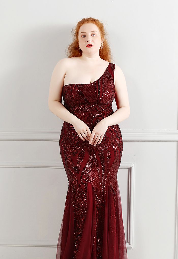 Robe en tulle à sequins et treillis floral à une épaule en bordeaux