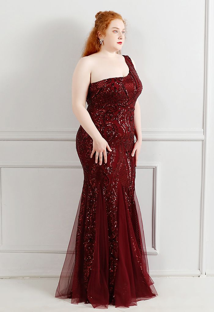 Robe en tulle à sequins et treillis floral à une épaule en bordeaux