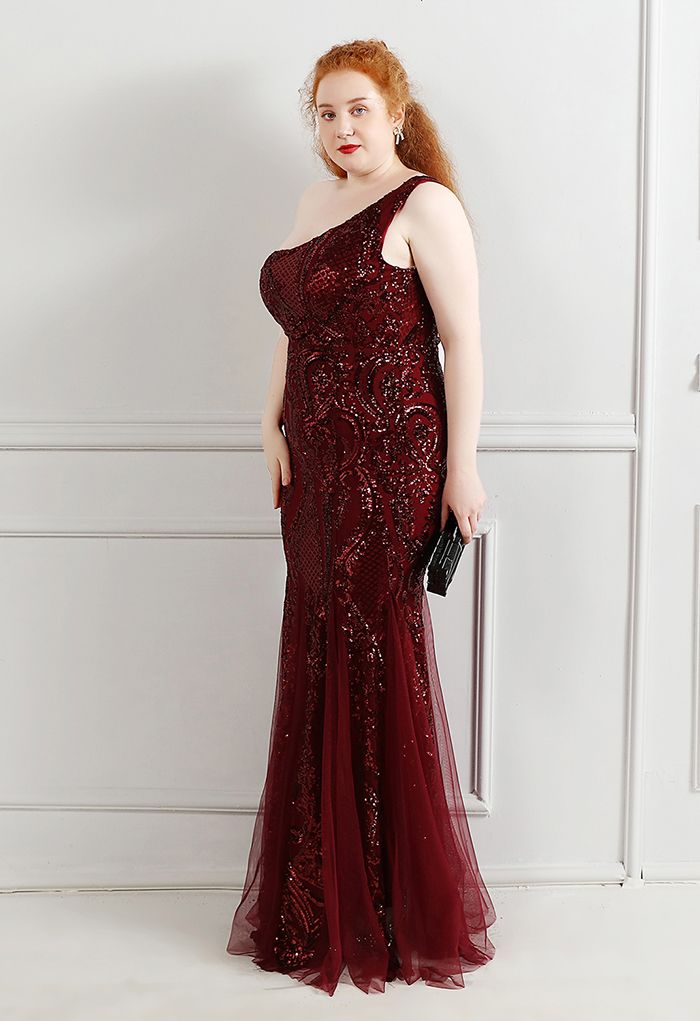 Robe en tulle à sequins et treillis floral à une épaule en bordeaux