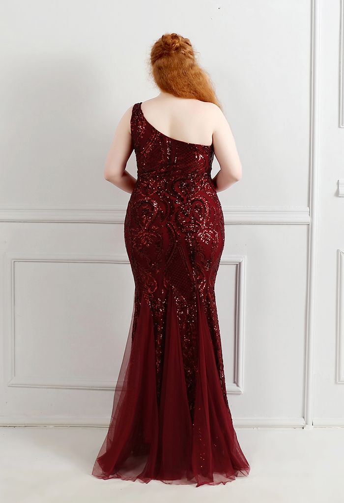 Robe en tulle à sequins et treillis floral à une épaule en bordeaux