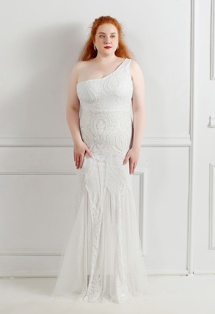 Robe en maille à sequins et treillis fleuri à une épaule en blanc