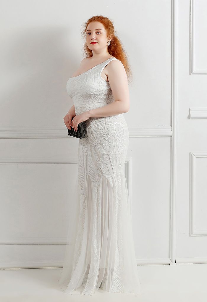 Robe en maille à sequins et treillis fleuri à une épaule en blanc