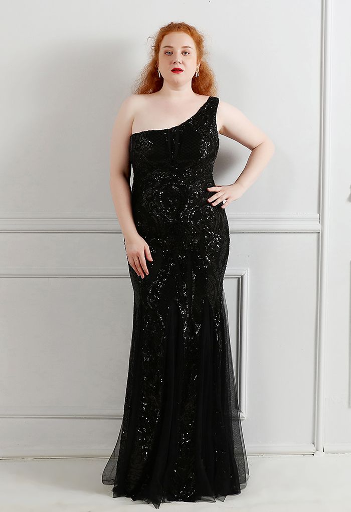 Robe en maille à sequins et treillis floral à une épaule en noir