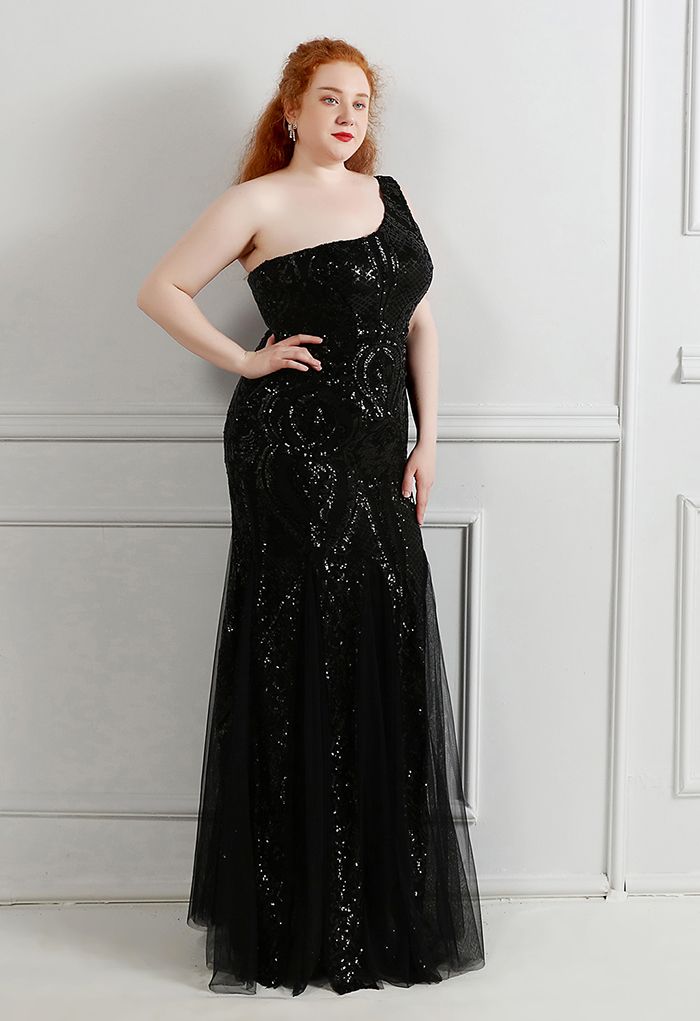 Robe en maille à sequins et treillis floral à une épaule en noir