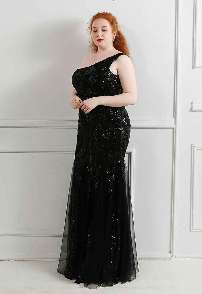 Robe en maille à sequins et treillis floral à une épaule en noir