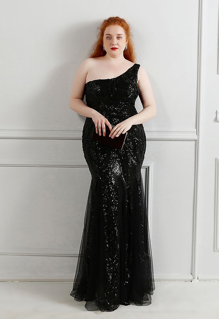 Robe en maille à sequins et treillis floral à une épaule en noir