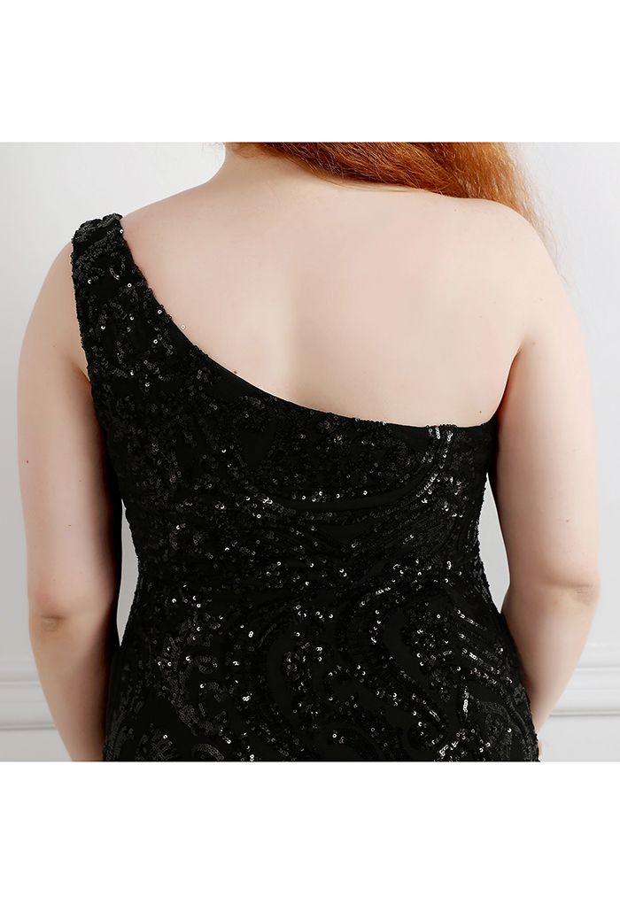 Robe en maille à sequins et treillis floral à une épaule en noir