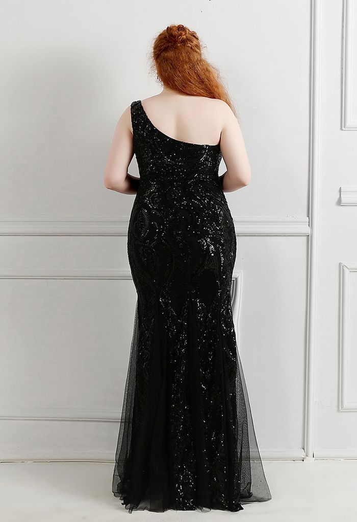 Robe en maille à sequins et treillis floral à une épaule en noir