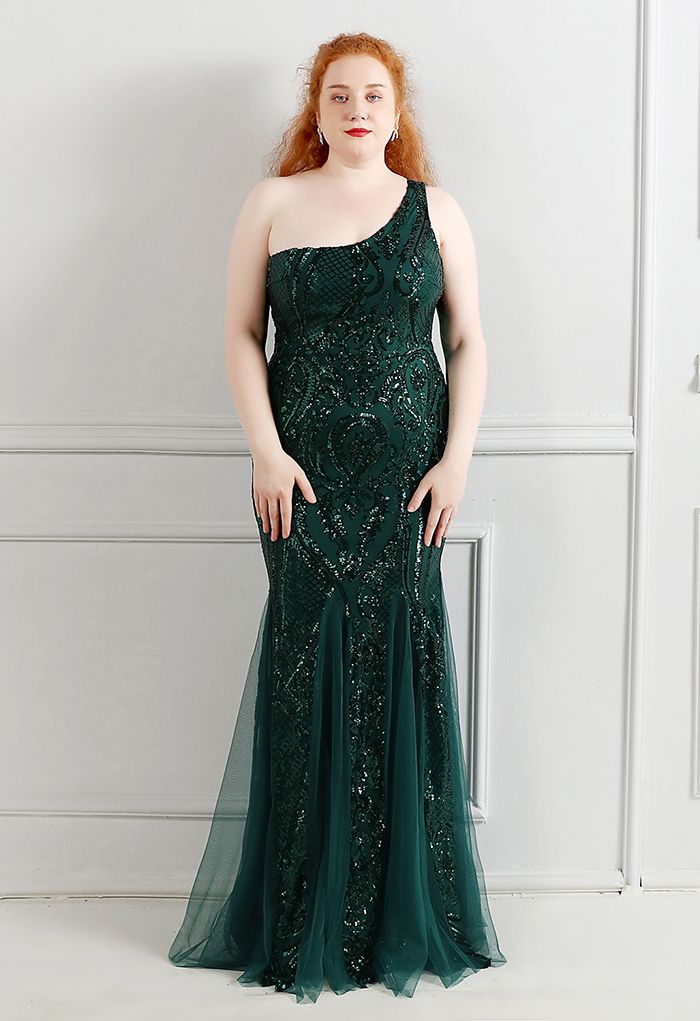 Robe asymétrique en tulle à sequins et treillis fleuri en émeraude