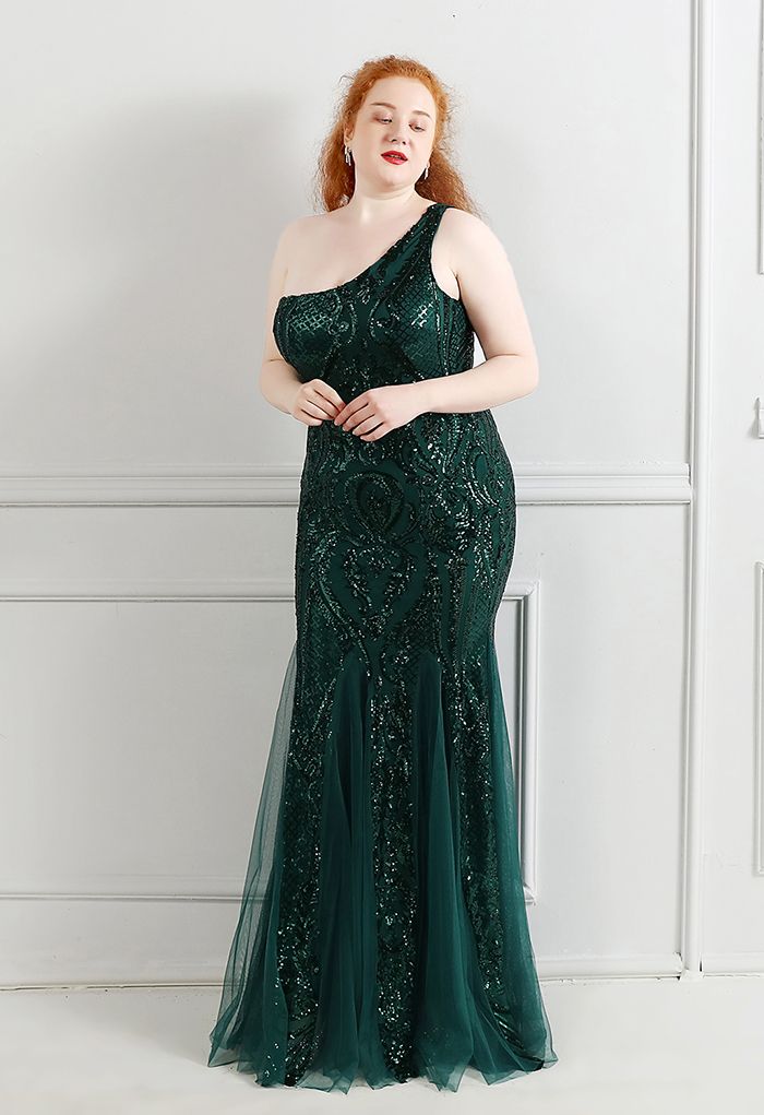 Robe asymétrique en tulle à sequins et treillis fleuri en émeraude