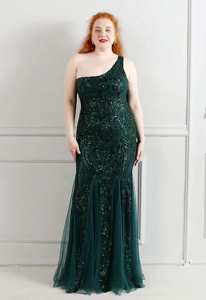 Robe asymétrique en tulle à sequins et treillis fleuri en émeraude