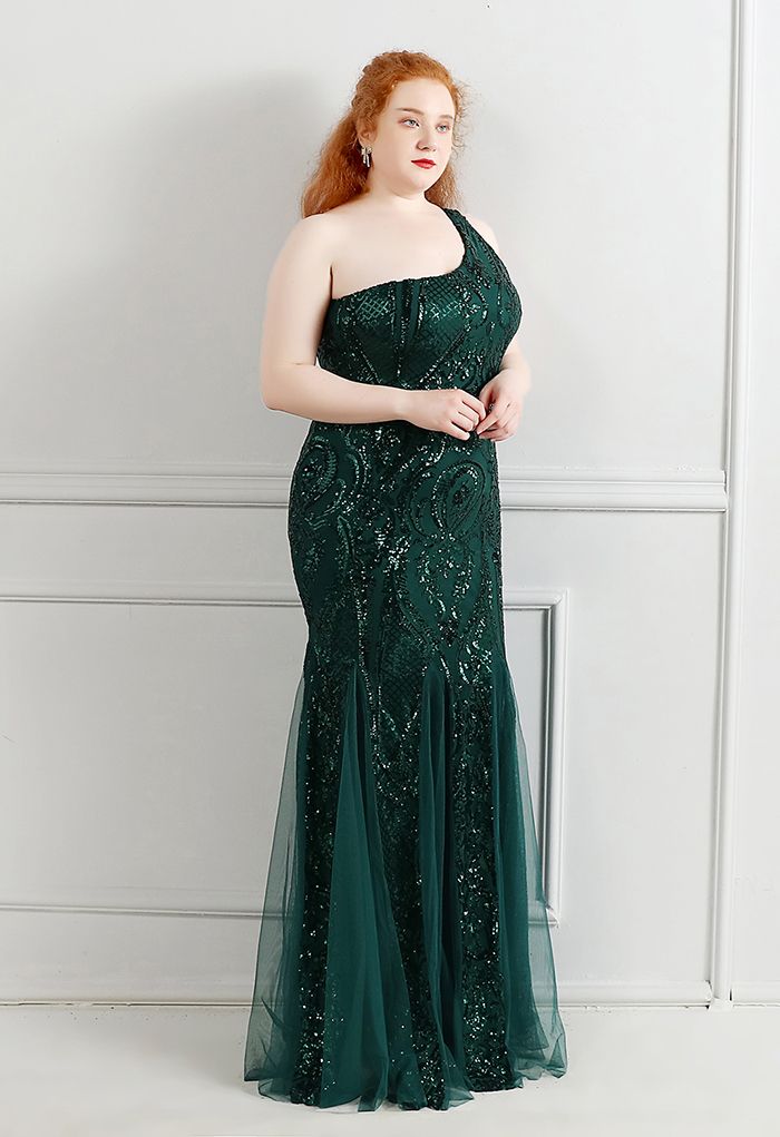 Robe asymétrique en tulle à sequins et treillis fleuri en émeraude