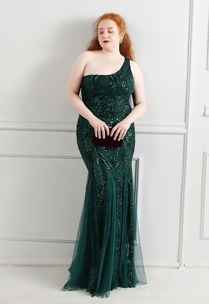 Robe asymétrique en tulle à sequins et treillis fleuri en émeraude