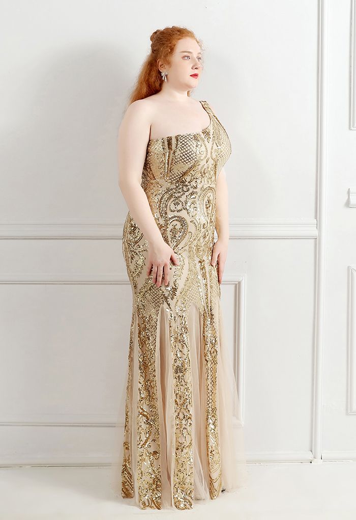 Robe en maille à sequins et treillis fleuri à une épaule en doré