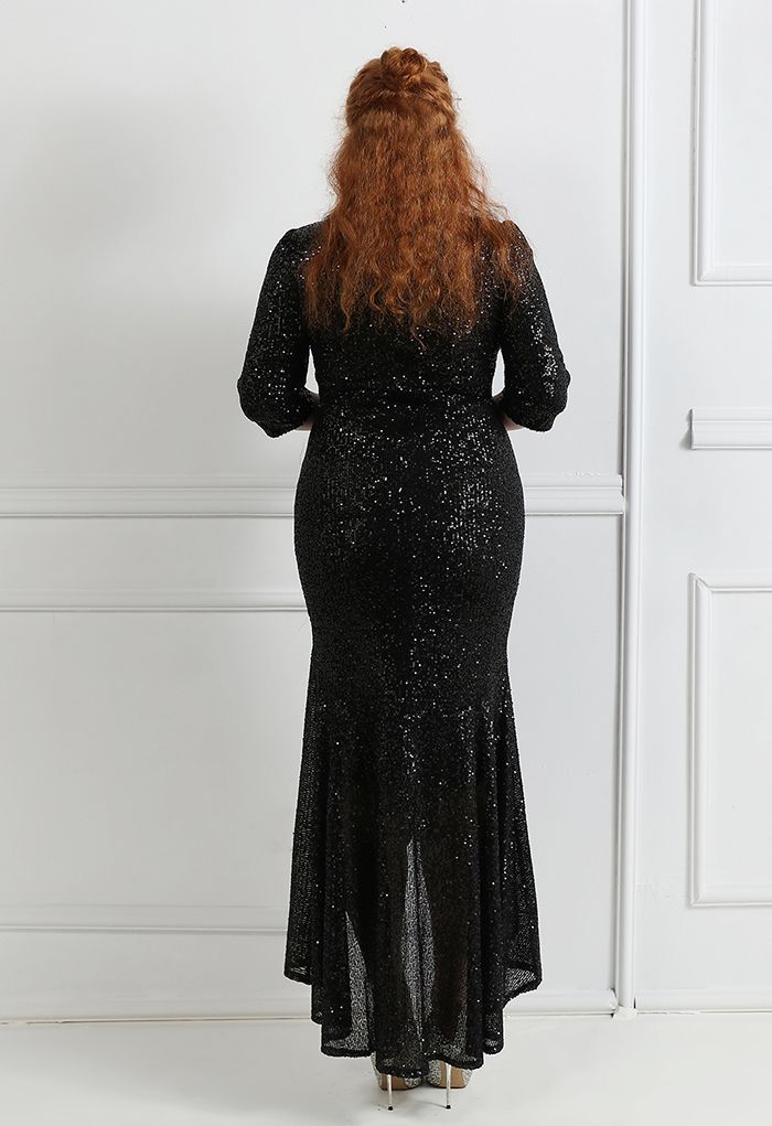 Robe à sequins à volants et manches coudées en noir