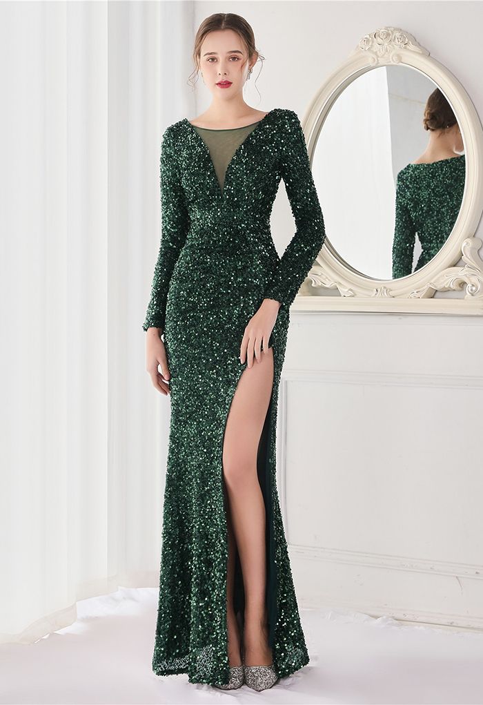 Robe à sequins et encolure en V en maille fendue sur le côté en émeraude