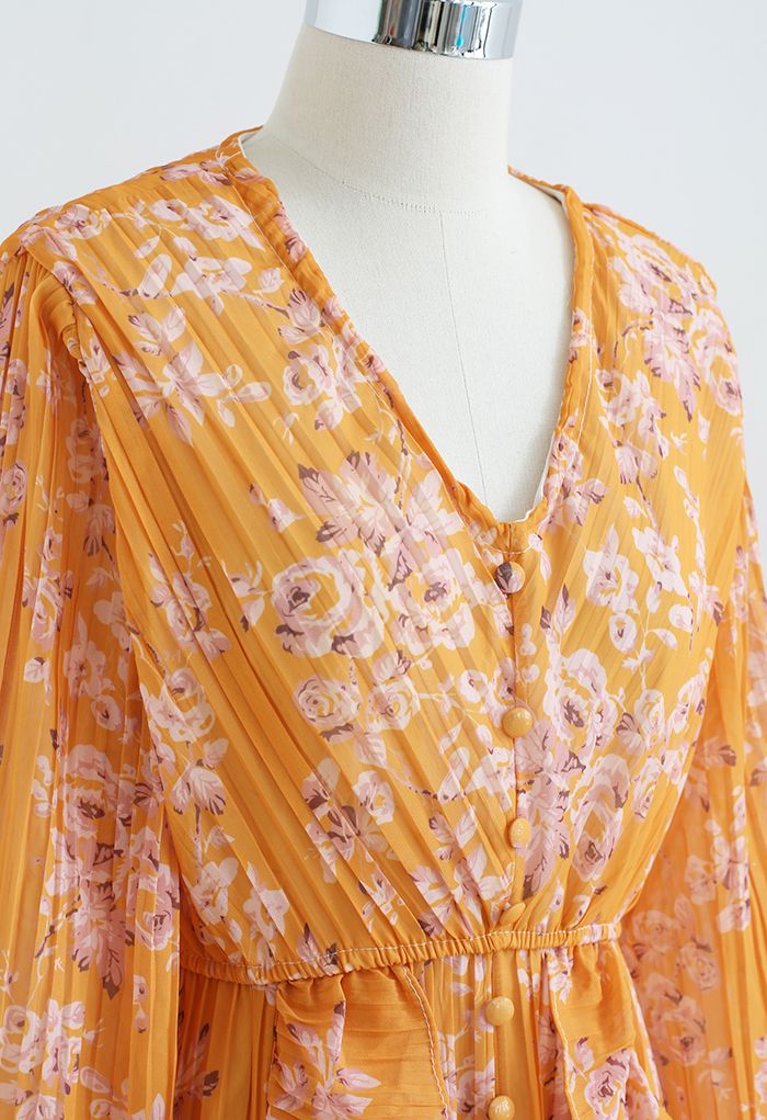 Robe mi-longue plissée à volants fleuris orange