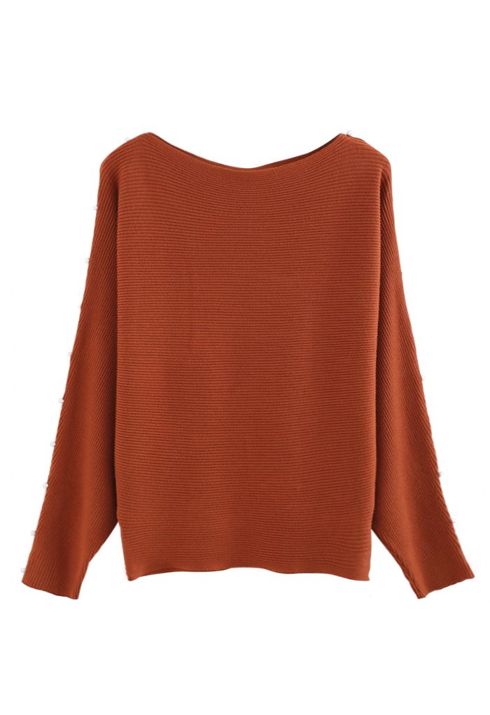 Pull en Tricot Perlé à Manches Chauve-Souris en Caramel