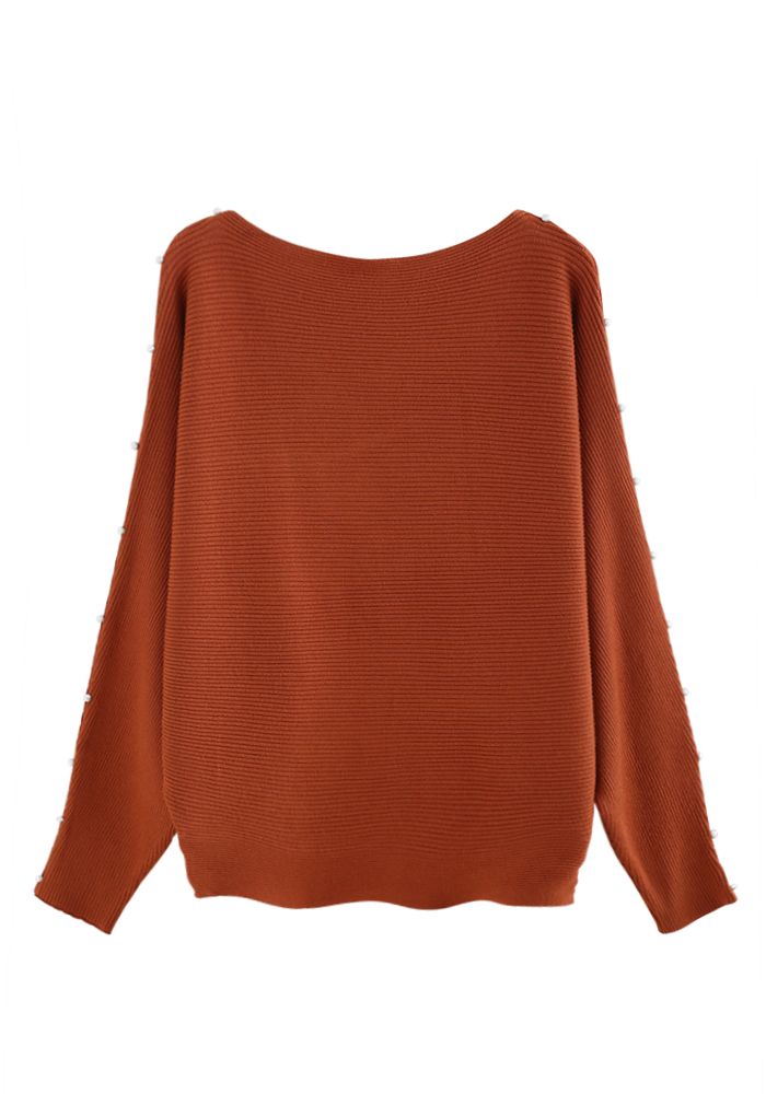 Pull en Tricot Perlé à Manches Chauve-Souris en Caramel