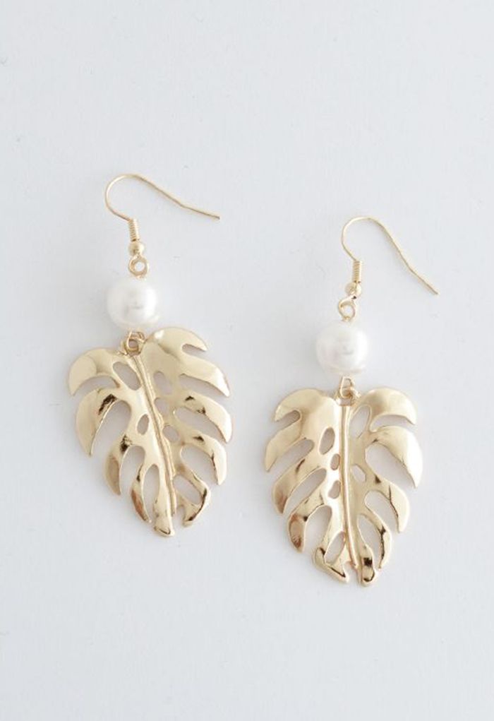 Pendants d'oreilles feuille tropicale et perle