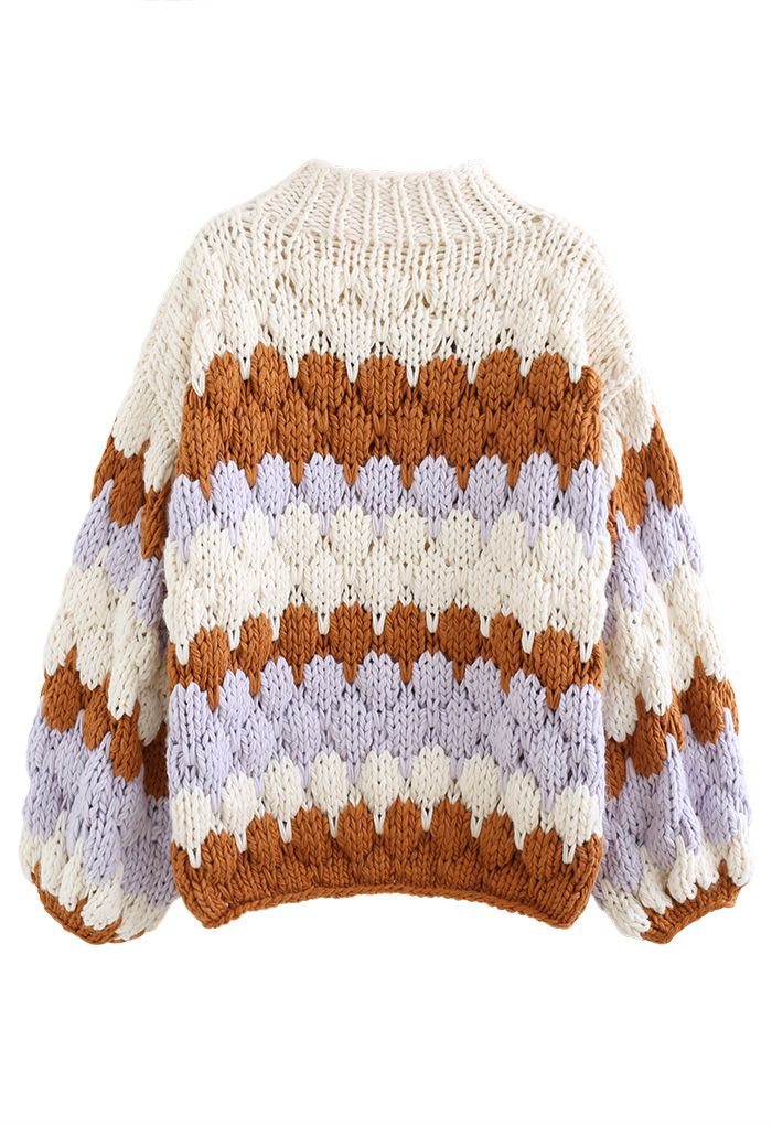 Pull épais tricoté à la main à col haut et couleurs contrastées en crème