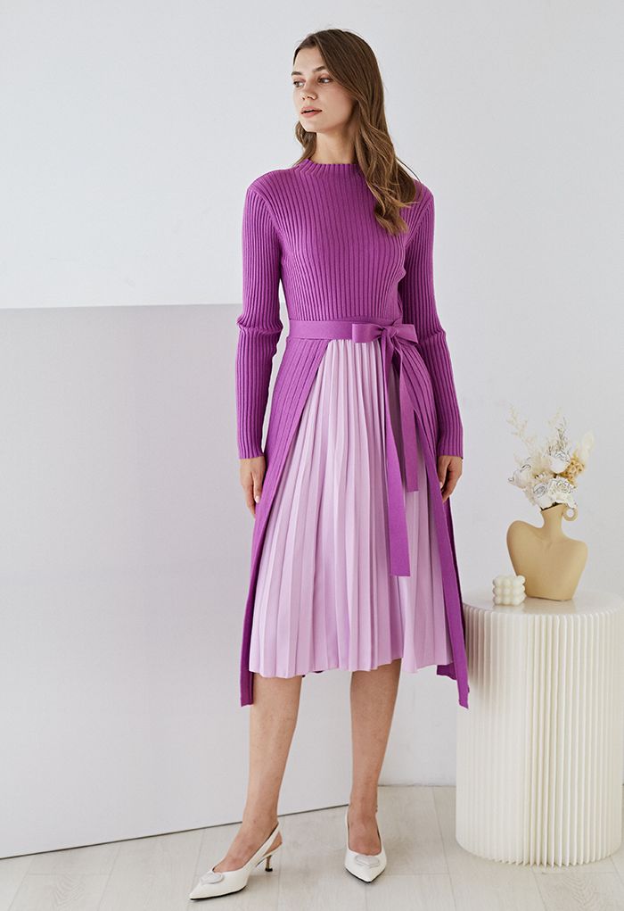Robe en maille Hi-Lo ceinturée plissée sur le devant en violet