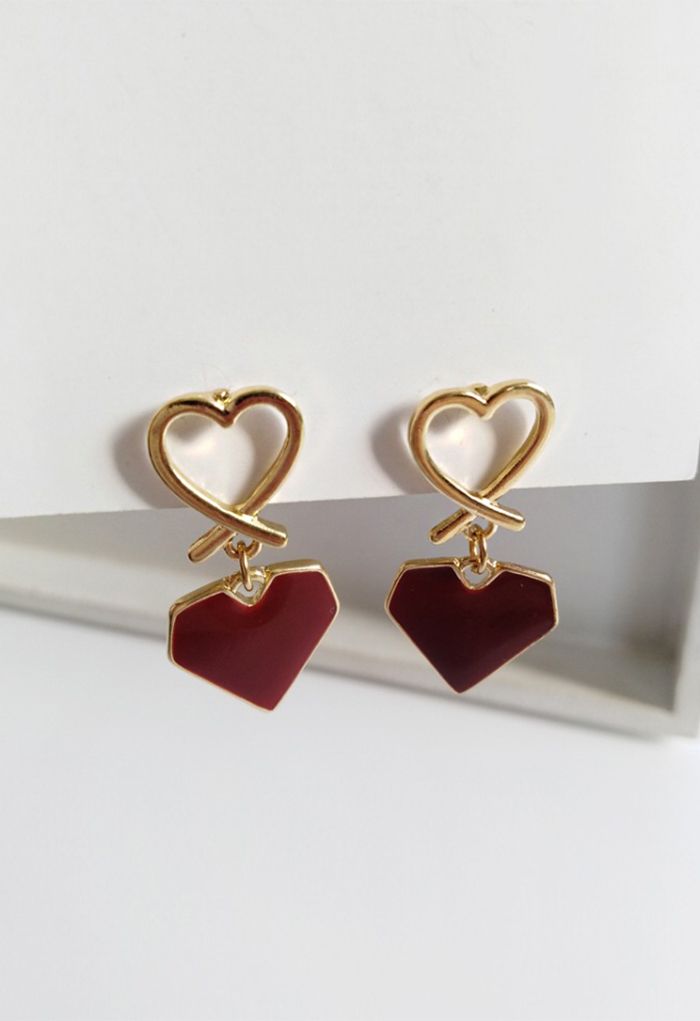 Pendants d'oreilles en forme de cœur rouge écarlate