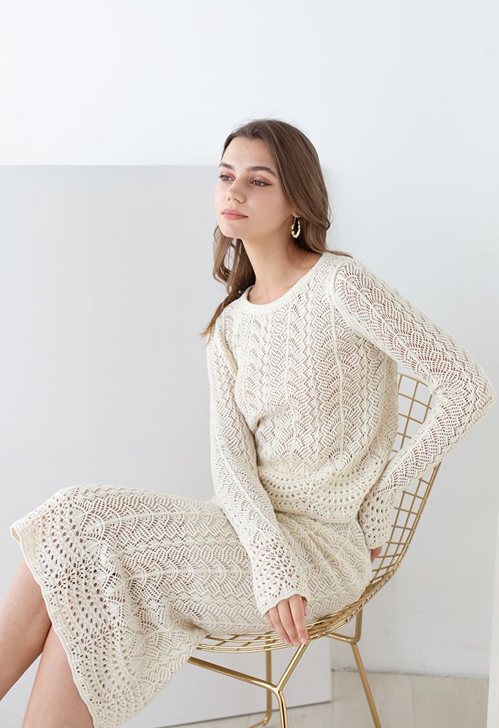 Ensemble pull et jupe en maille festonnée creuse