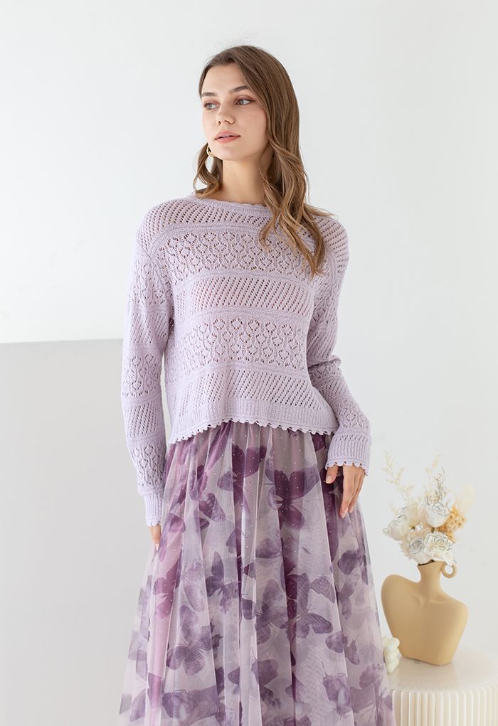 Haut en tricot évidé à bord festonné en lilas