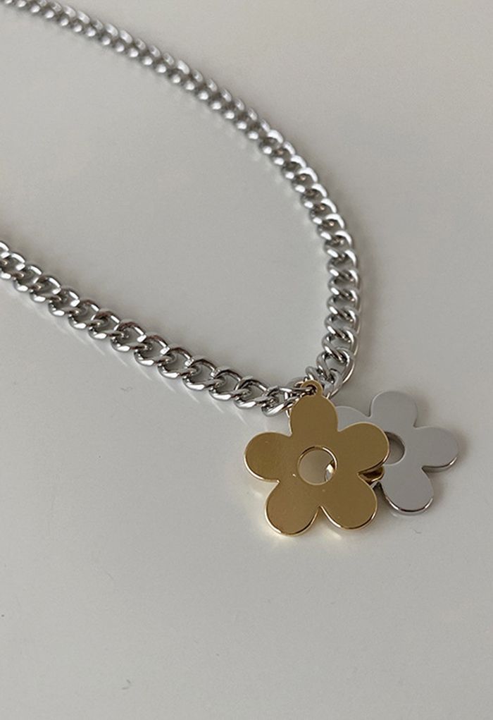 Collier Acier Inoxydable Floral Bicolore