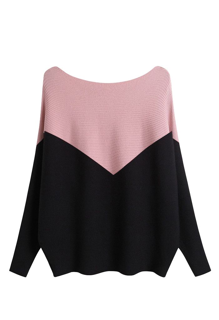 Pull bicolore à col bateau et manches chauve-souris en rose