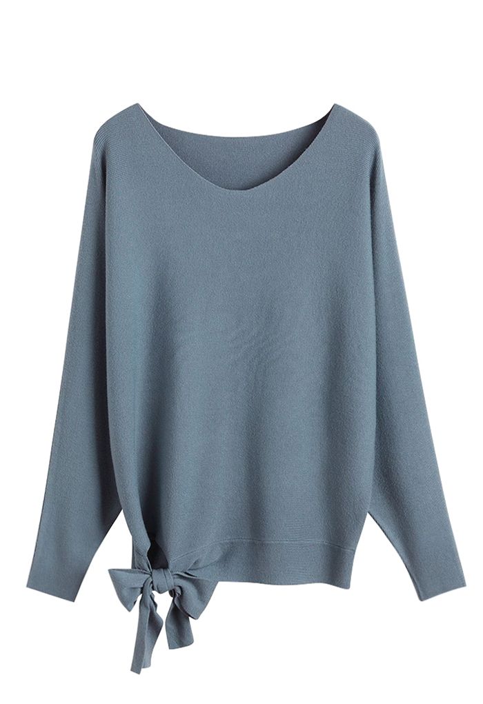 Pull oversize à manches chauve-souris et nœud papillon en bleu poussiéreux