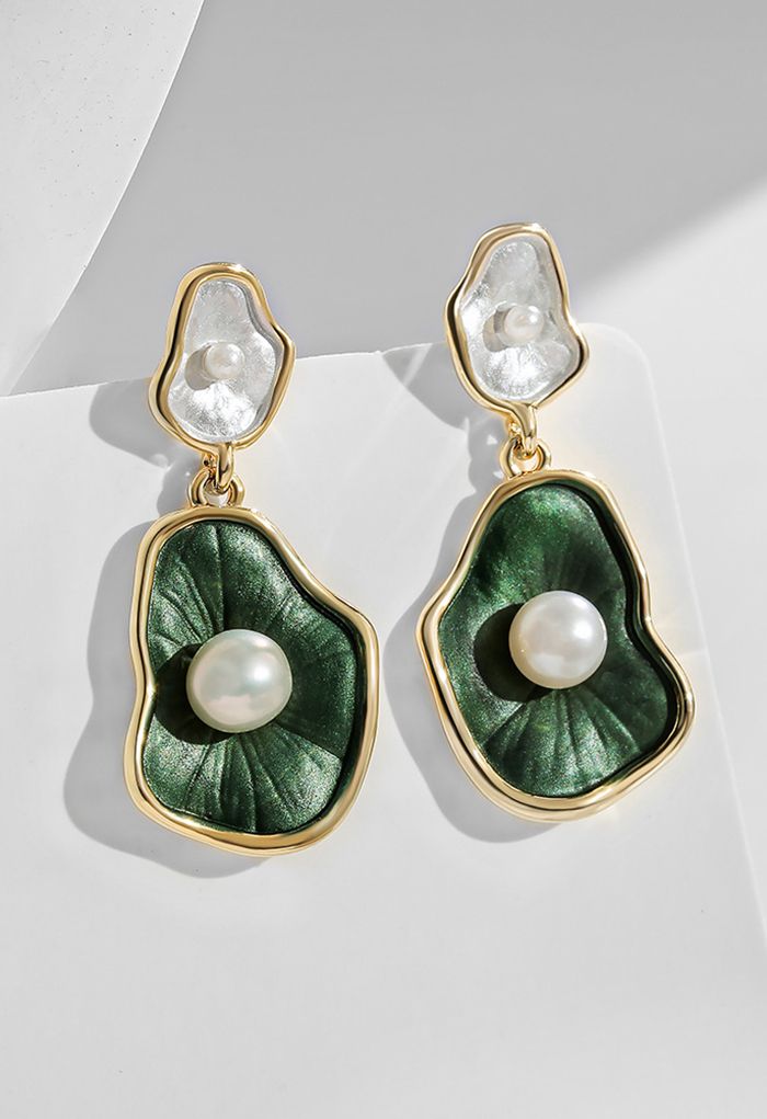 Boucles d'Oreilles Perle Feuille Verte