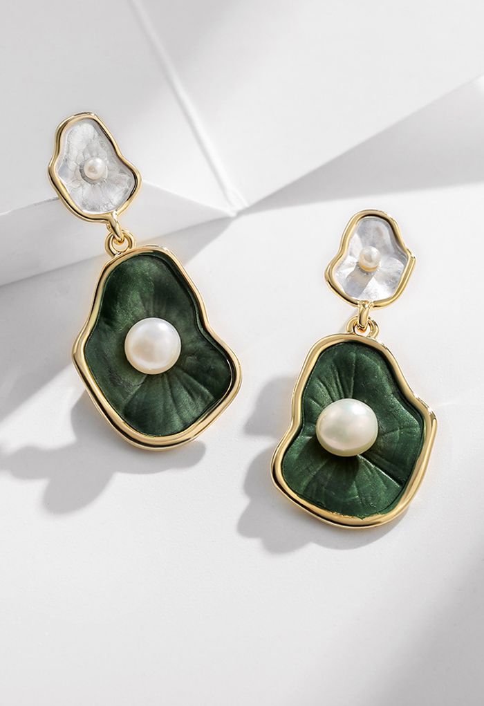 Boucles d'Oreilles Perle Feuille Verte