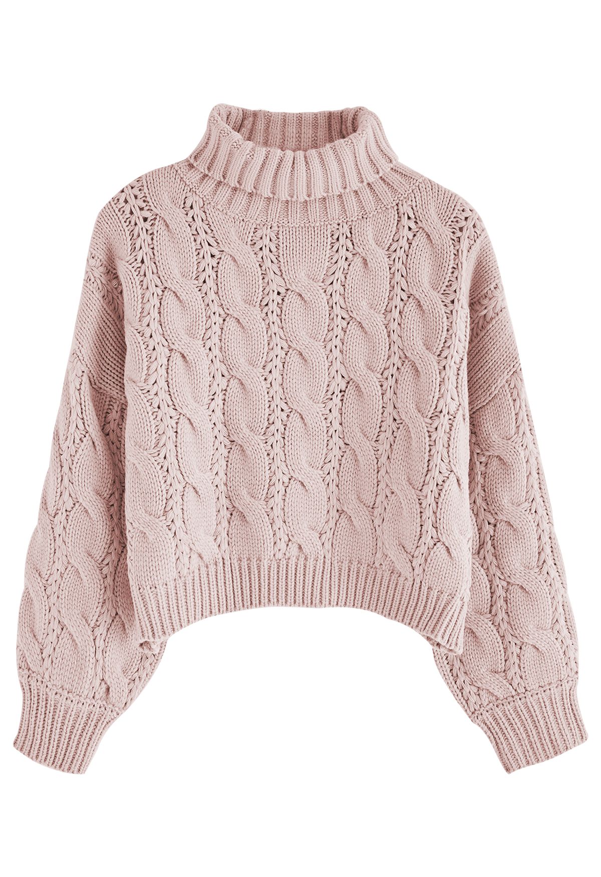 Pull court en tricot tressé à col roulé en rose