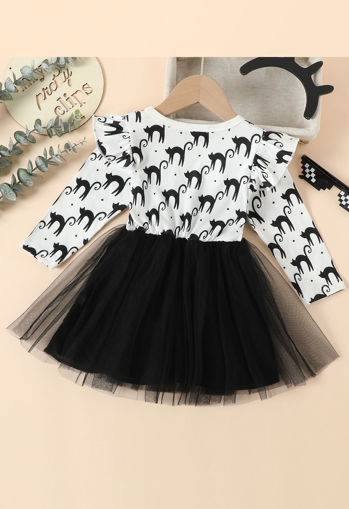 Robe épissée en tulle à volants Black Owl pour enfants en blanc