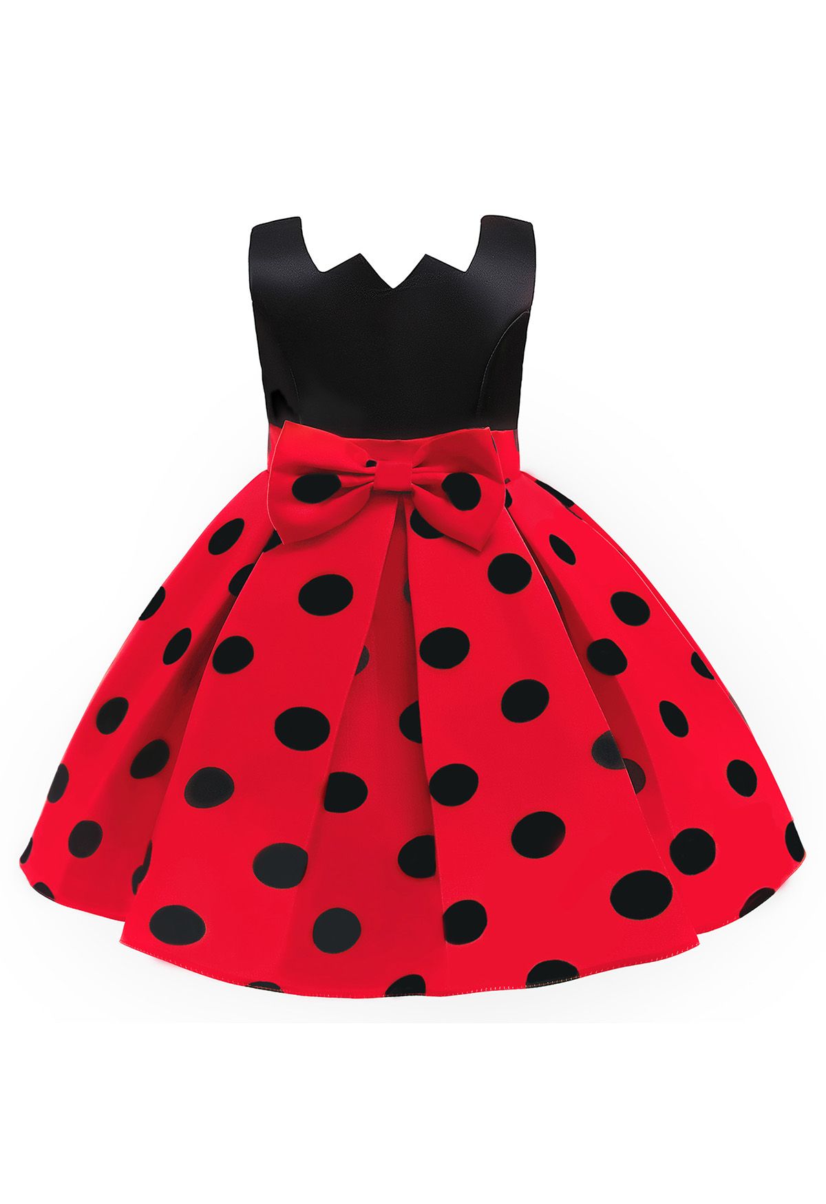 Robe de Princesse Plissée Bowknot à Pois en Rouge