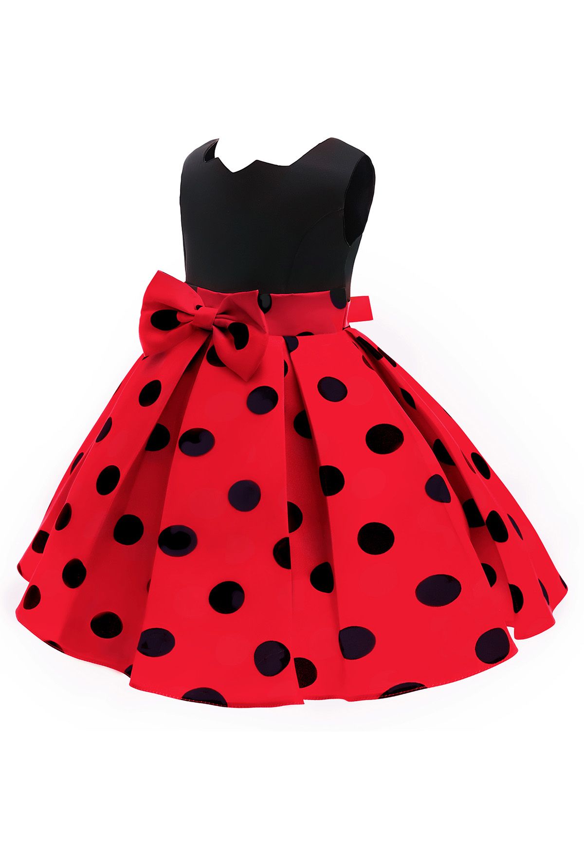 Robe de Princesse Plissée Bowknot à Pois en Rouge