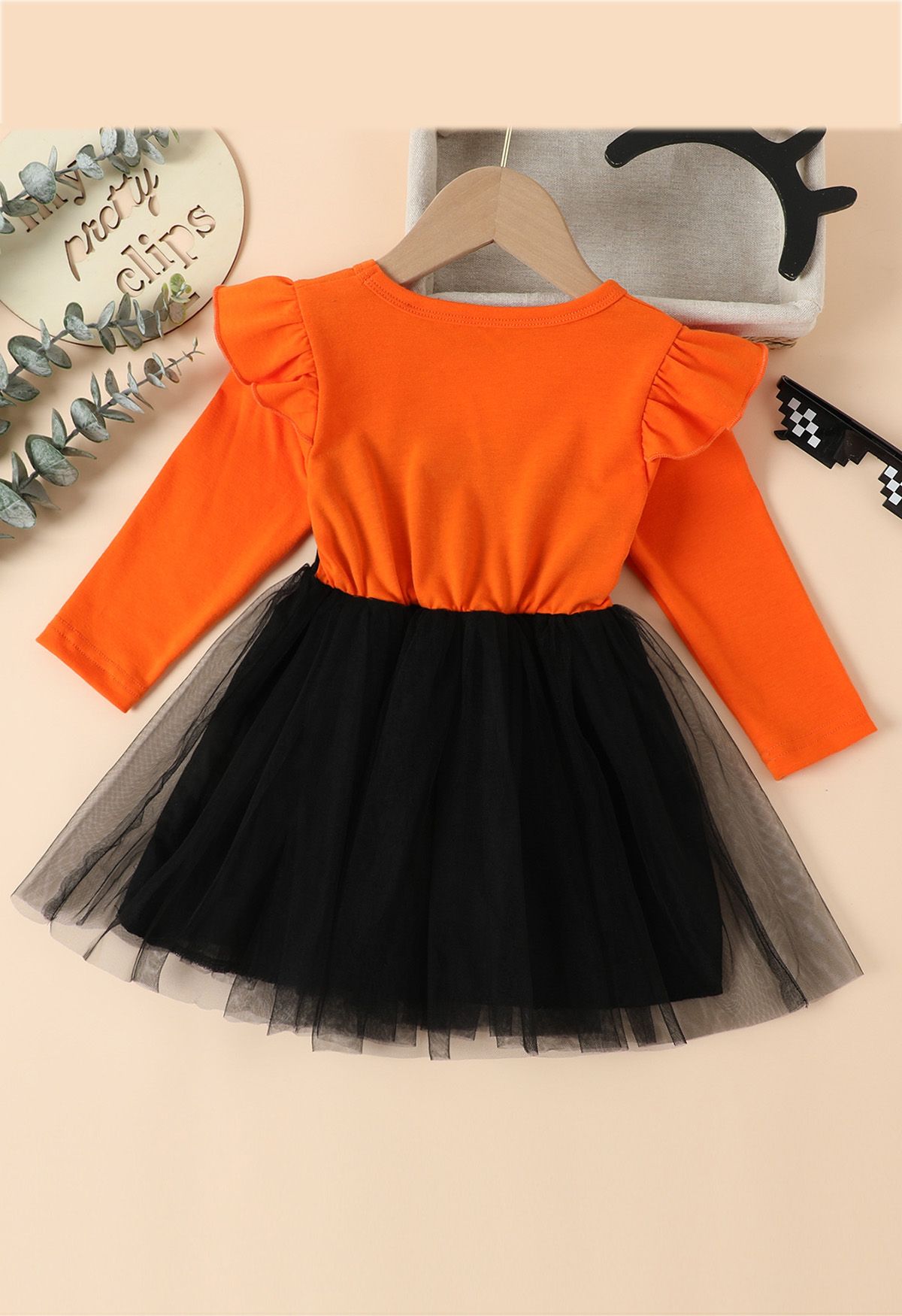 Robe épissée en tulle à volants Black Owl pour enfants en orange