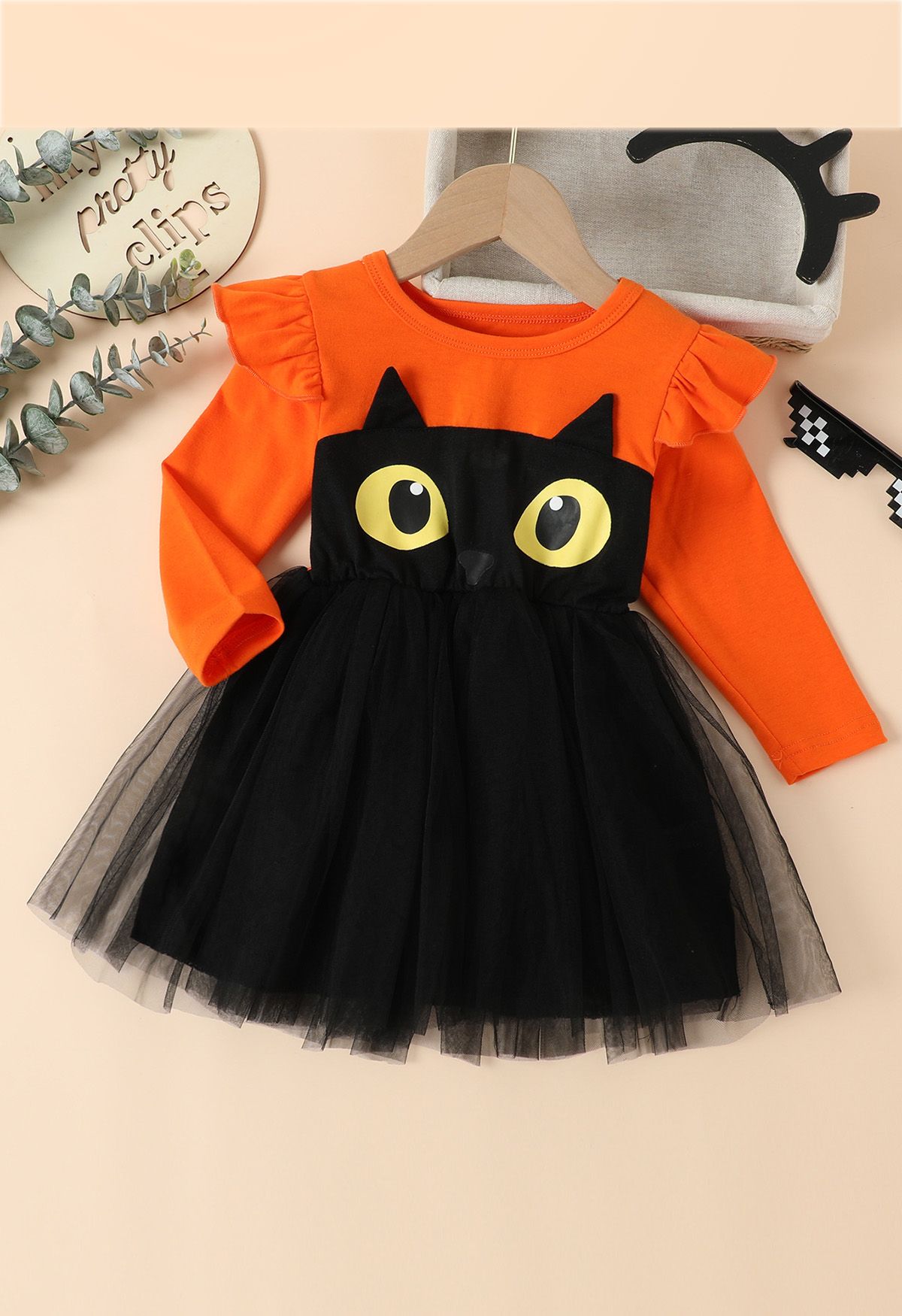 Robe épissée en tulle à volants Black Owl pour enfants en orange