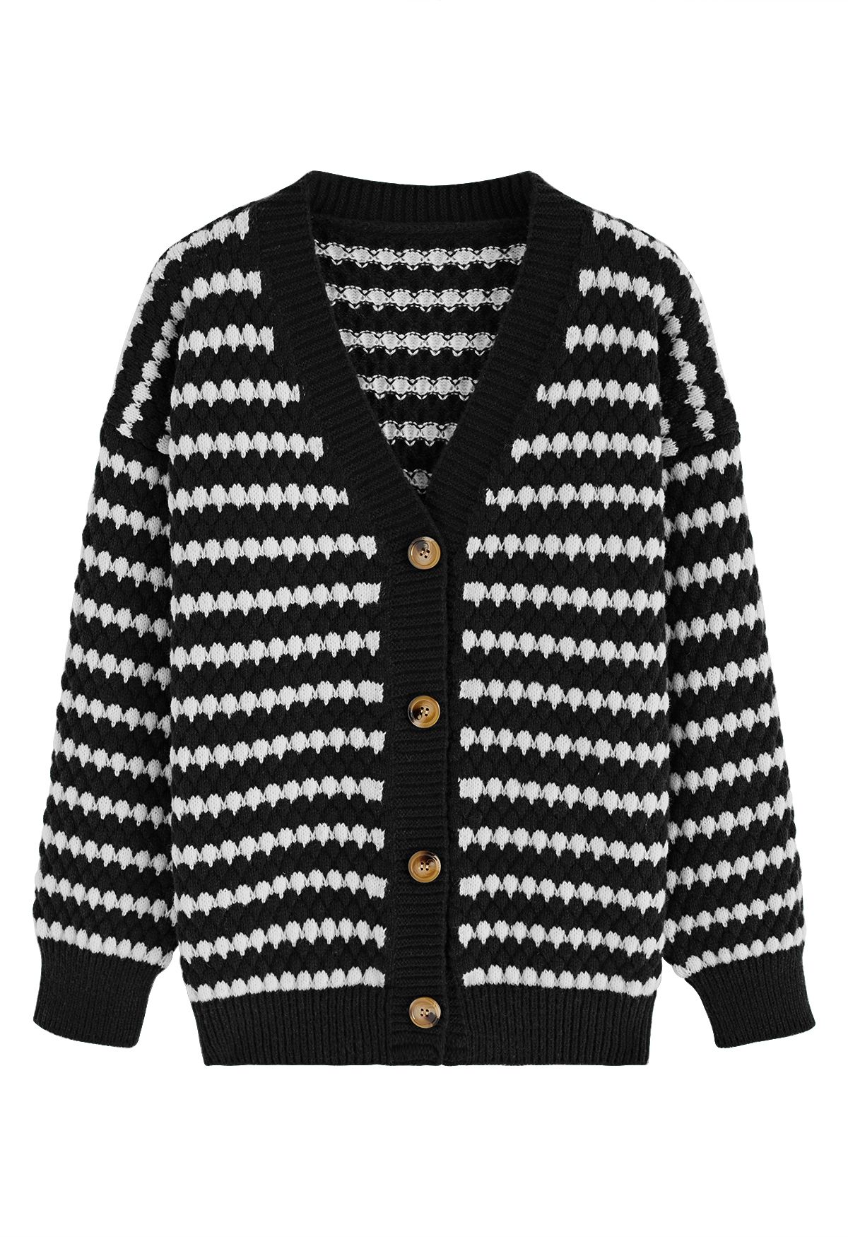 Cardigan en tricot gaufré rayé boutonné en noir