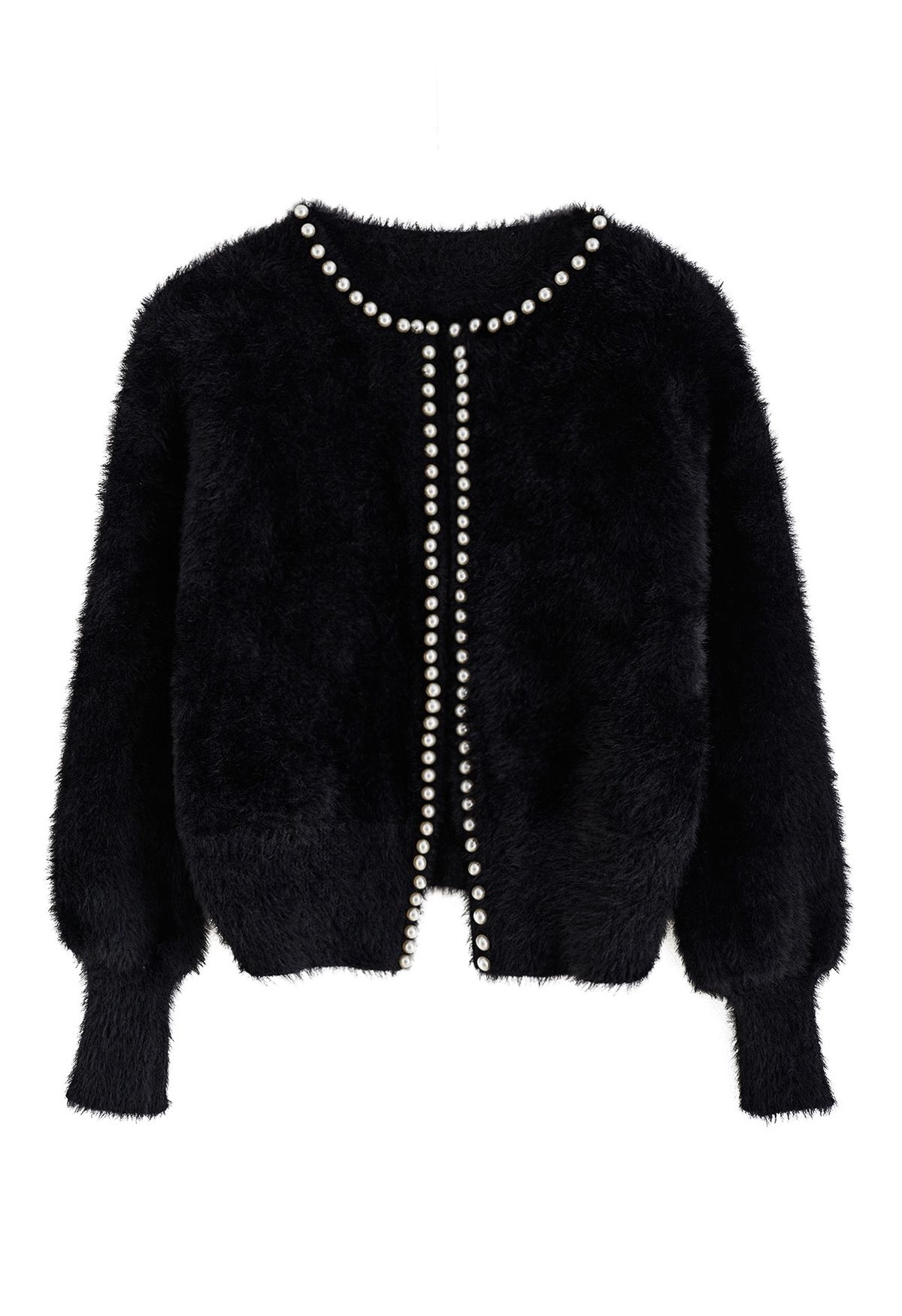 Cardigan ouvert en tricot pelucheux nacré en noir