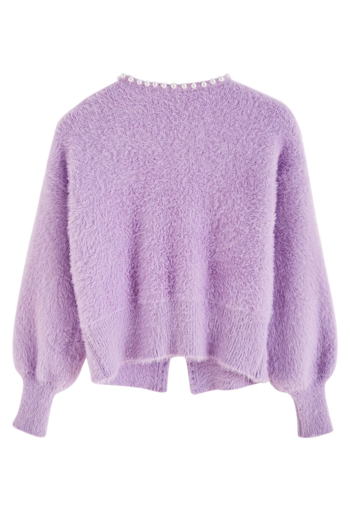 Cardigan ouvert en tricot pelucheux nacré en lilas