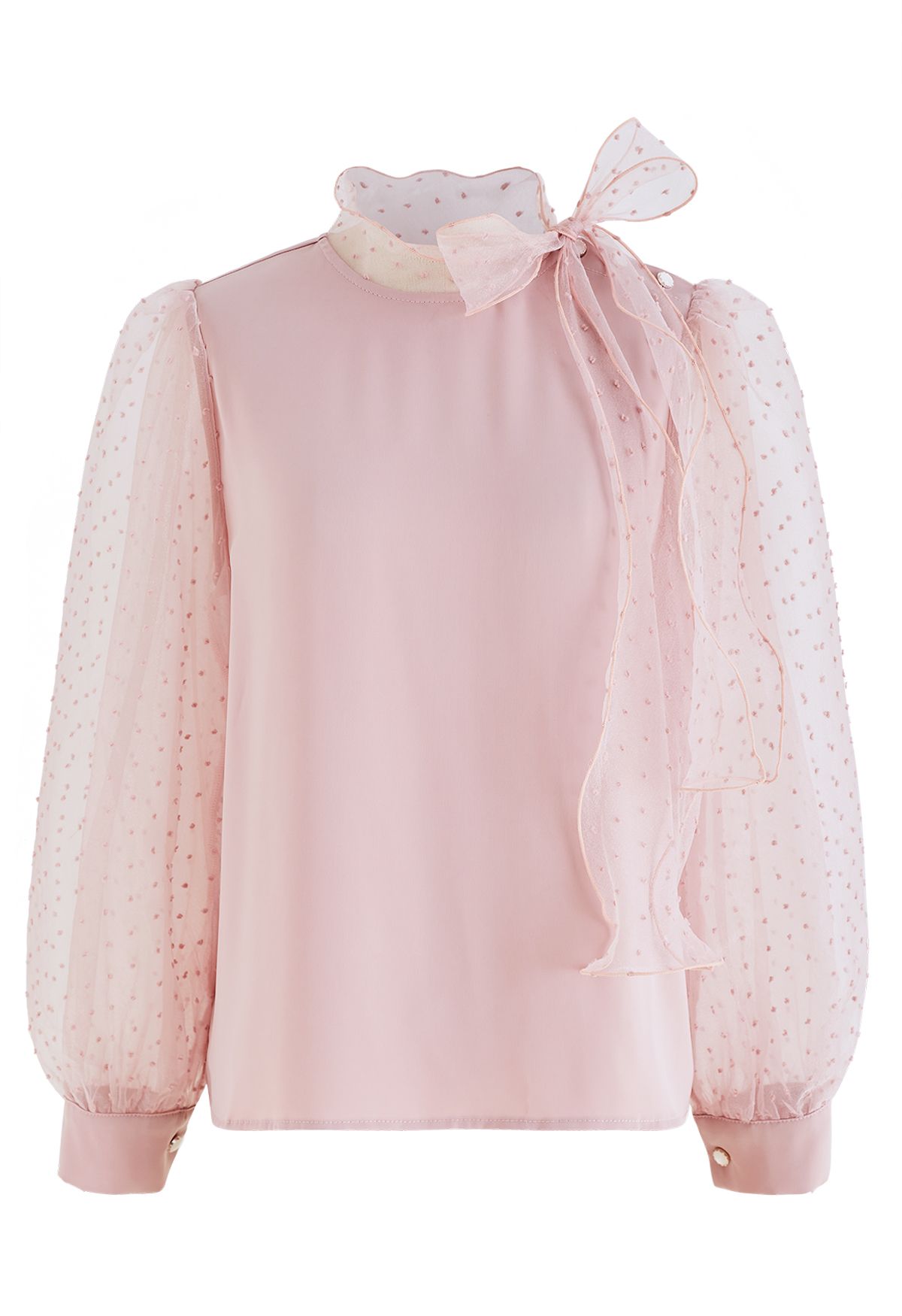 Chemise en nœud papillon en satin à Manches Bulles en Organza Flock Dots en Rose