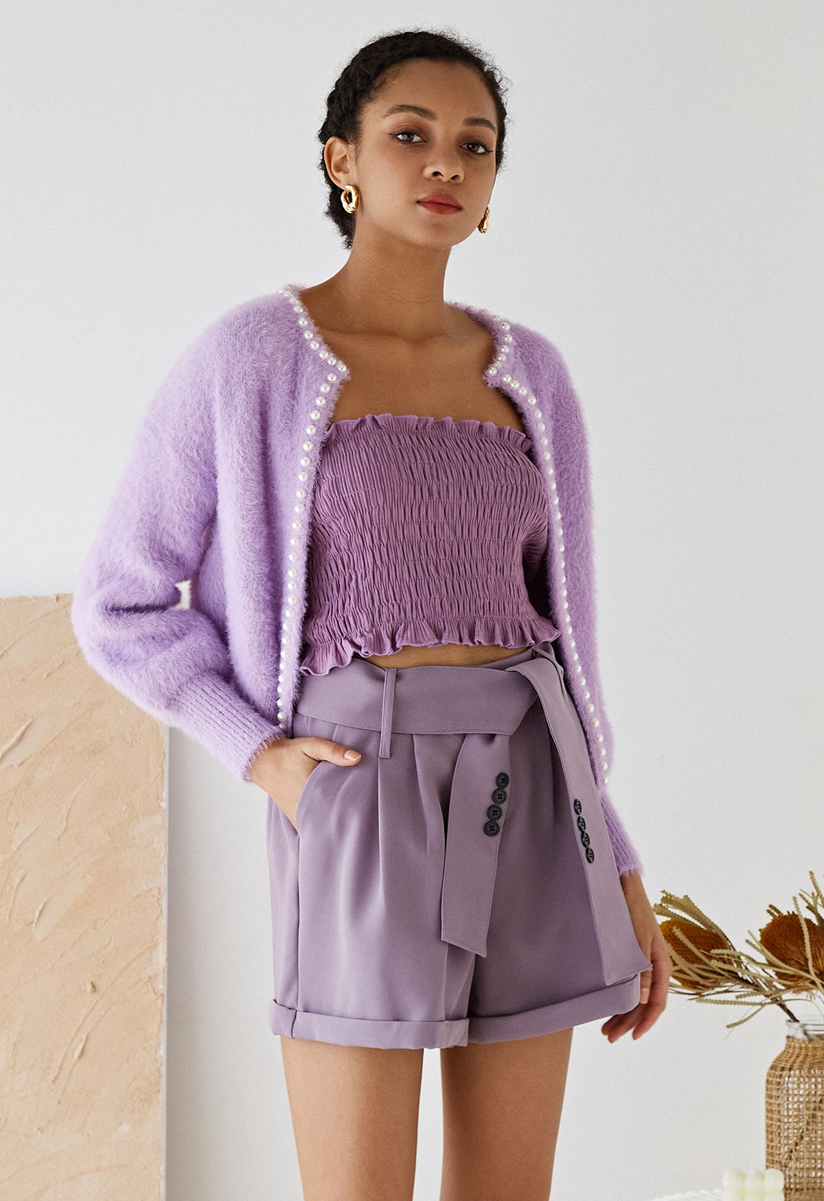 Cardigan ouvert en tricot pelucheux nacré en lilas